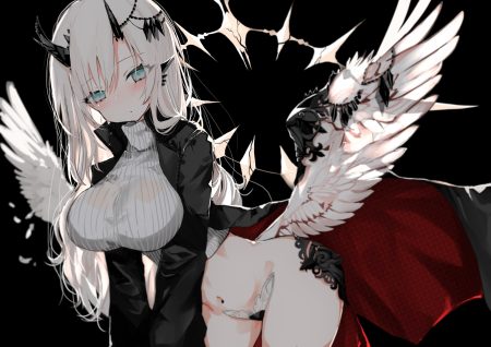 aliasing aqua eyes blush breasts horns long hair naruwe navel original white hair wings