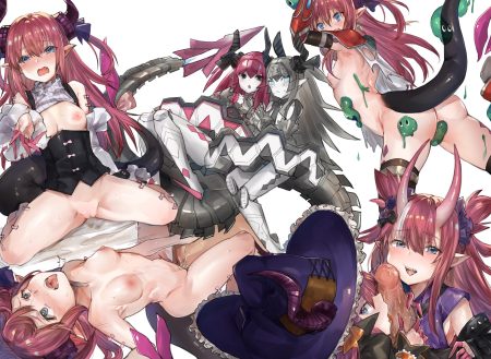 ass blue eyes blush breasts corset elizabeth bathory (fate) fang fate/grand order fate (series) fellatio hat horns long hair navel nipples nude penis pussy red hair robot ryuuji teitoku sex tail uncensored witch hat