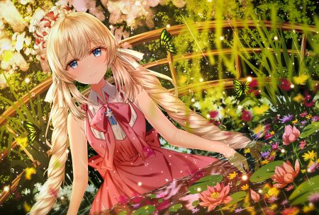 blonde hair blue eyes butterfly dress fate/grand order fate (series) flowers hat junpaku karen long hair marie antoinette (fate/grand order) twintails water wet