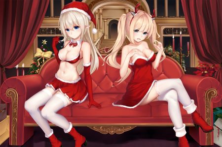 2girls animal ears bikini top blonde hair blue eyes boots bow breast hold breasts christmas cleavage couch dress elbow gloves gloves hat headband horns karin (fineyanny) long hair navel original pointed ears santa costume santa hat stairs thighhighs tree twintails