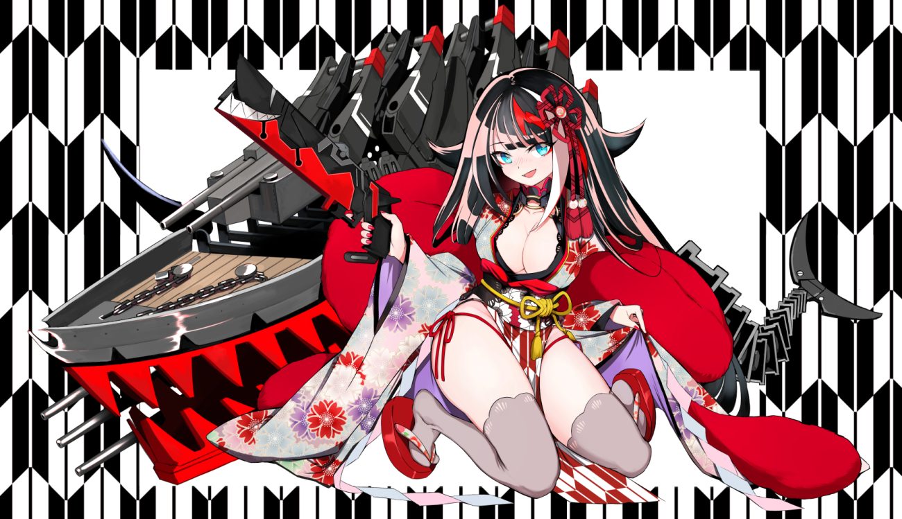 anthropomorphism aqua eyes azur lane black hair breasts cleavage deutschland (azur lane) gun ioa2324 long hair thighhighs weapon