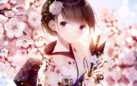 atha brown eyes brown hair cherry blossoms flowers japanese clothes kimono original short hair torn clothes