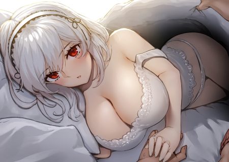 anthropomorphism azur lane bed blush breasts cleavage headband panties pyz red eyes short hair sirius (azur lane) underwear waifu2x white hair