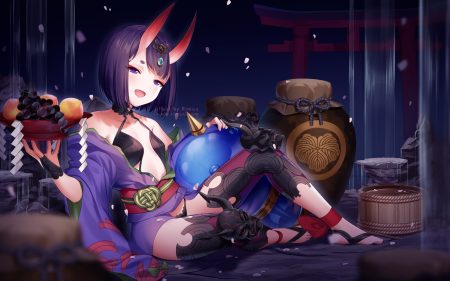 bow demon fang fate/grand order fate (series) food fruit horns mask petals purple eyes purple hair rimuu short hair shuten douji (fate) torii watermark