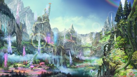 building final fantasy final fantasy xiv landscape rainbow scenic sky square enix tree water waterfall watermark