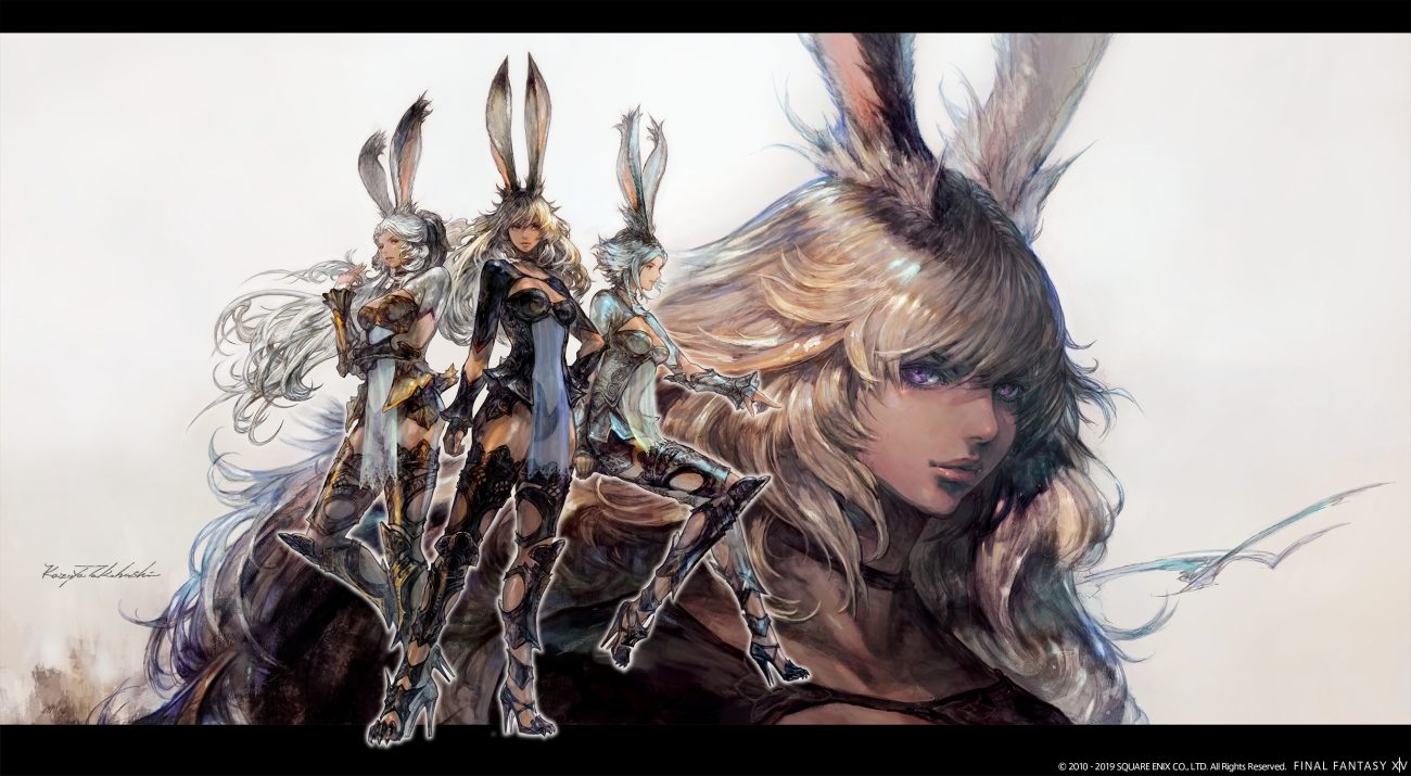 animal ears armor breasts bunny ears bunnygirl choker cleavage dark skin final fantasy final fantasy xiv gray hair long hair purple eyes see through short hair square enix takahashi kazuya thighhighs viera watermark
