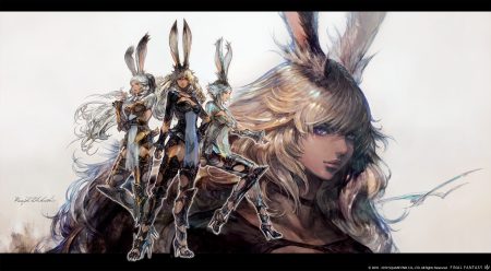 animal ears armor breasts bunny ears bunnygirl choker cleavage dark skin final fantasy final fantasy xiv gray hair long hair purple eyes see through short hair square enix takahashi kazuya thighhighs viera watermark