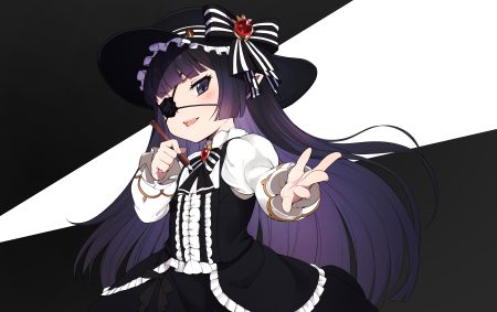 baicha black bow dress eyepatch fang goth-loli granblue fantasy hat loli lolita fashion long hair lunalu pointed ears purple eyes purple hair