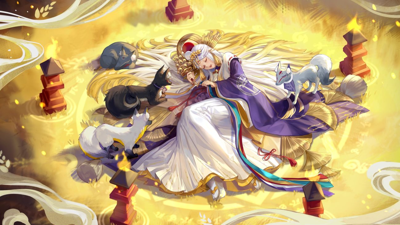 achyue animal bell fox headdress japanese clothes kimono long hair miketsu (onmyouji) onmyouji sleeping white hair