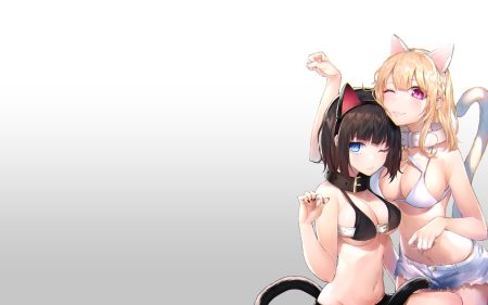 2girls animal ears aqua eyes bikini top blonde hair blush braids breasts brown hair catgirl collar gradient gray hakuishi aoi long hair navel original pink eyes short hair shorts tail third-party edit wink