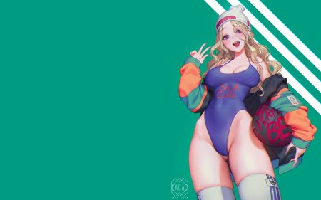 ball basketball blonde hair bodysuit breasts cleavage erect nipples green hat long hair love cacao original purple eyes sport thighhighs