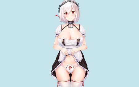 aliasing anthropomorphism azur lane blue breasts choker cleavage deneb (noble324) headdress maid panties red eyes ribbons short hair sirius (azur lane) skirt skirt lift thighhighs underwear white hair