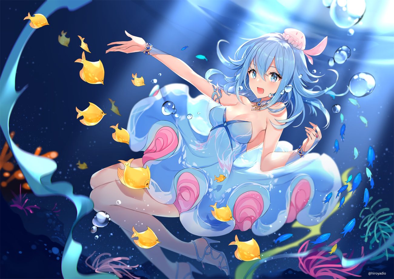 animal aqua eyes aqua hair breasts catsizuru cleavage dress fish haiyi short hair synthesizer v underwater water watermark wristwear