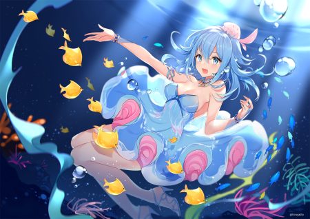 animal aqua eyes aqua hair breasts catsizuru cleavage dress fish haiyi short hair synthesizer v underwater water watermark wristwear
