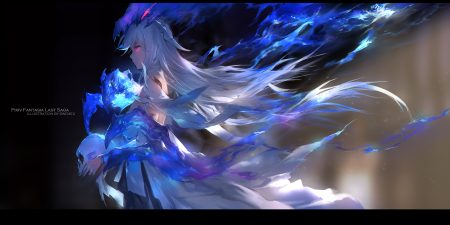 gray hair long hair original pixiv fantasia red eyes skull swd3e2 water watermark