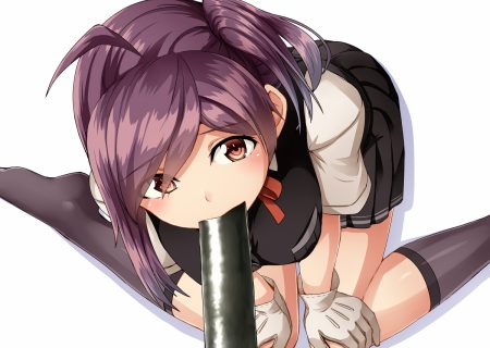 anthropomorphism brown eyes food gloves hagikaze (kancolle) jpeg artifacts kamelie kantai collection kneehighs ponytail purple hair school uniform short hair skirt white