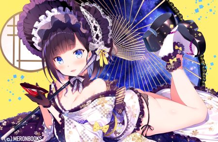 aqua eyes ass bow breasts cleavage cut (bu-kunn) drink gloves hat headdress japanese clothes kimono lolita fashion melonbooks original panties ponytail sake socks umbrella underwear