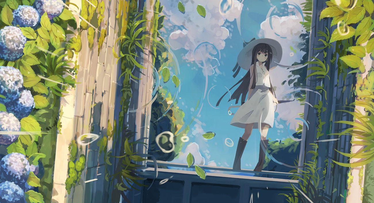 black eyes black hair boots clouds flowers hat huanxiang huifeng long hair original rain reflection skirt sky water