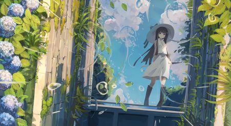 black eyes black hair boots clouds flowers hat huanxiang huifeng long hair original rain reflection skirt sky water