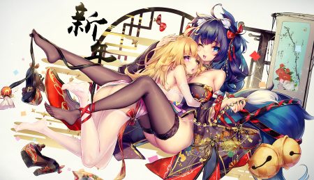 2girls animal ears aqua eyes ass bell bicolored eyes blonde hair blue hair breasts cat smile cleavage dk senie elbow gloves foxgirl gloves hug japanese clothes jpeg artifacts long hair nopan original pussy juice tail thighhighs wink
