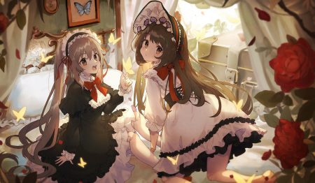2girls bed bow brown eyes brown hair butterfly corset doll dress flowers goth-loli hat lolita fashion long hair original shirama (c2h76 5) twintails