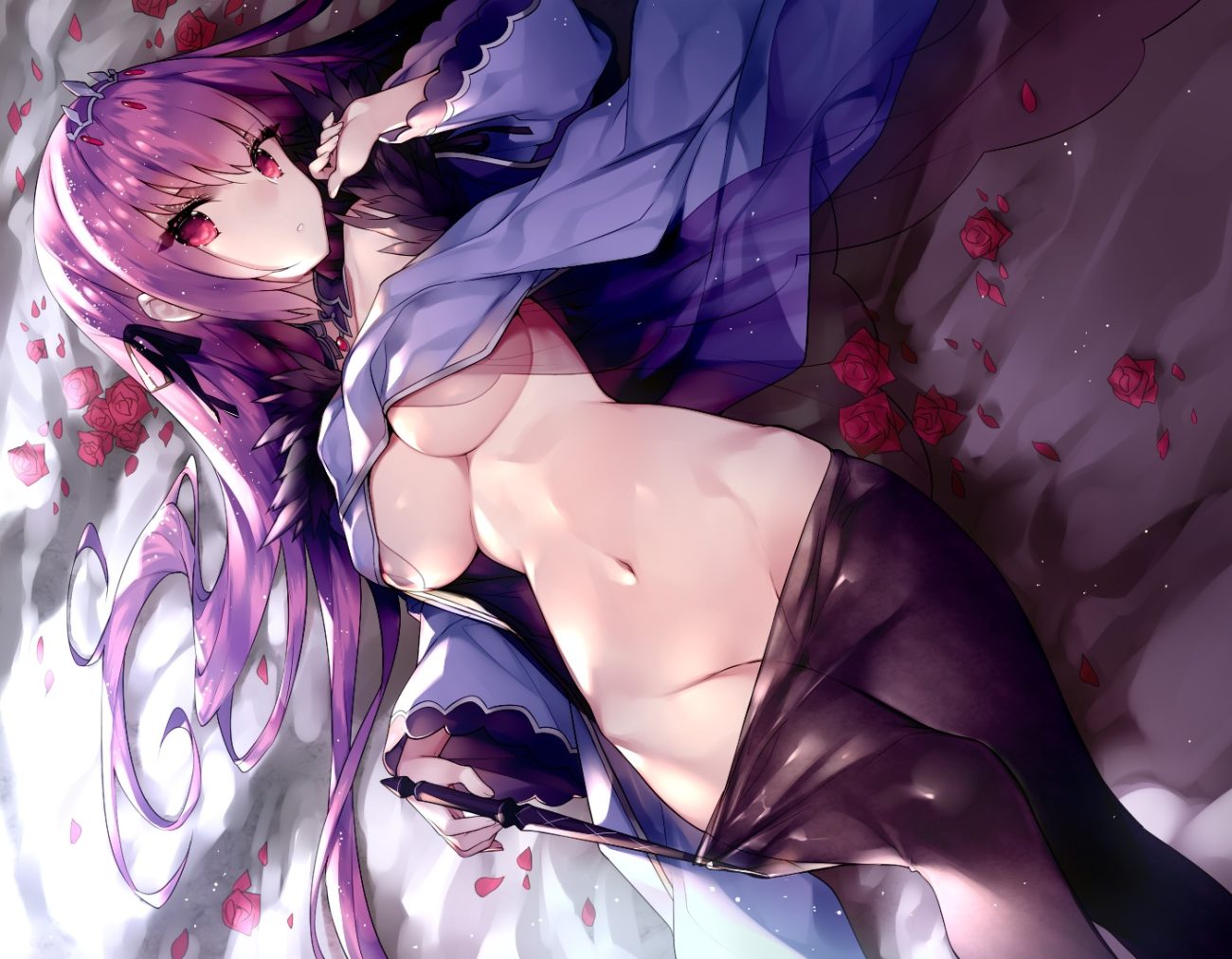 breasts fate/grand order fate (series) flowers long hair navel no bra nopan pantyhose purple hair red eyes rose scathach (fate/grand order) scathach skadi (fate/grand order) shirt lift tiara touwa nikuman underboob
