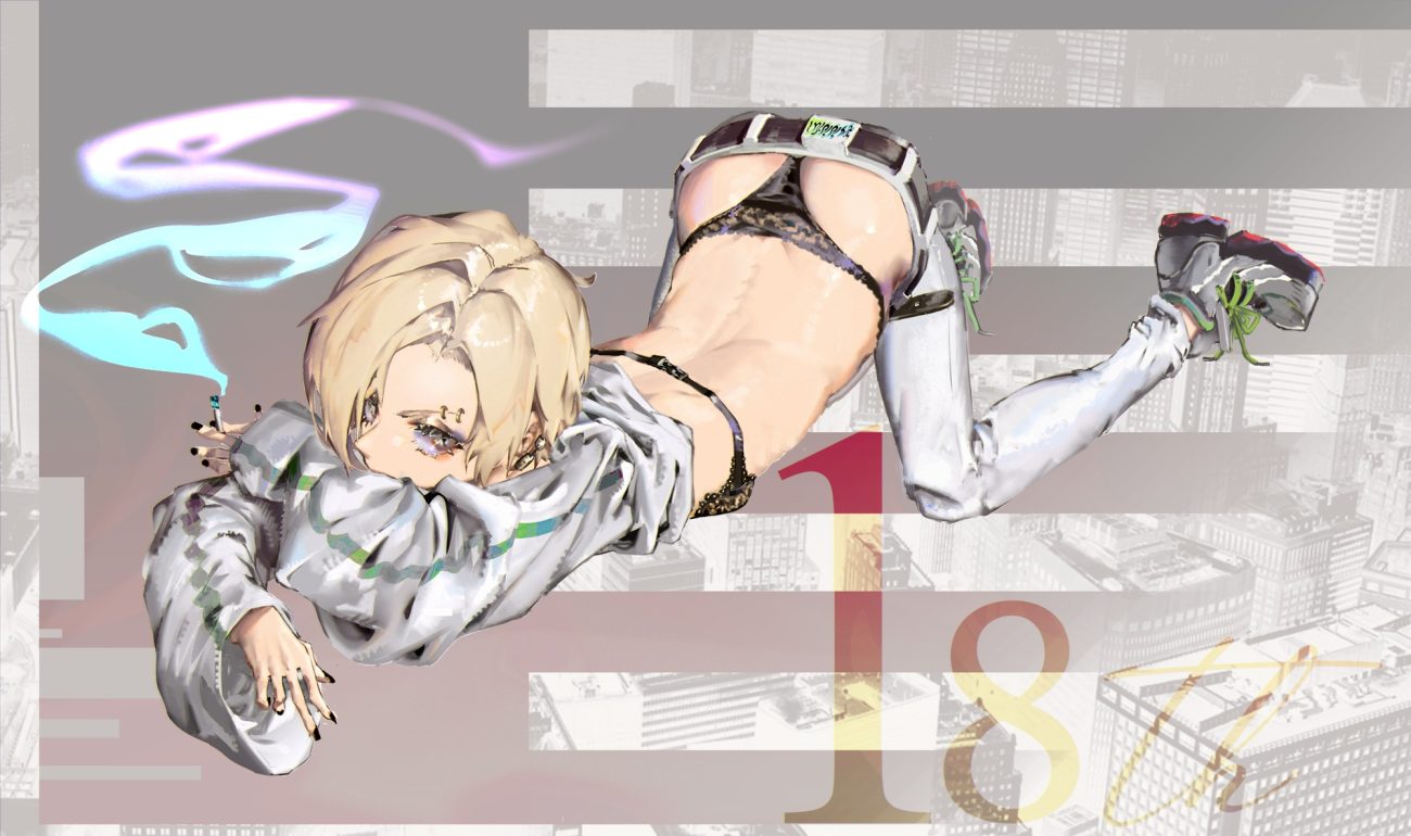 ass blonde hair bra cigarette idolmaster idolmaster cinderella girls panties shirasaka koume shirt lift short hair smoking underwear waterswing
