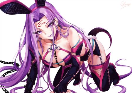 animal ears boots breasts bunny ears bunnygirl chain cleavage collar elbow gloves fate/grand order fate (series) garter belt gloves headband long hair purple eyes purple hair rider sakiyamama signed tail tattoo thighhighs white