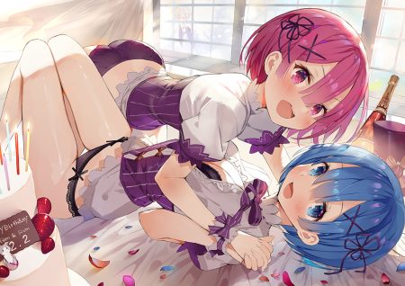 blue eyes blue hair blush bow bra breasts cake cleavage drink emilia (re:zero) food fruit gaou (umaiyo puyoman) panties petals pink eyes pink hair puck ram (re:zero) rem (re:zero) re:zero kara hajimeru isekai seikatsu short hair strawberry twins underwear wristwear