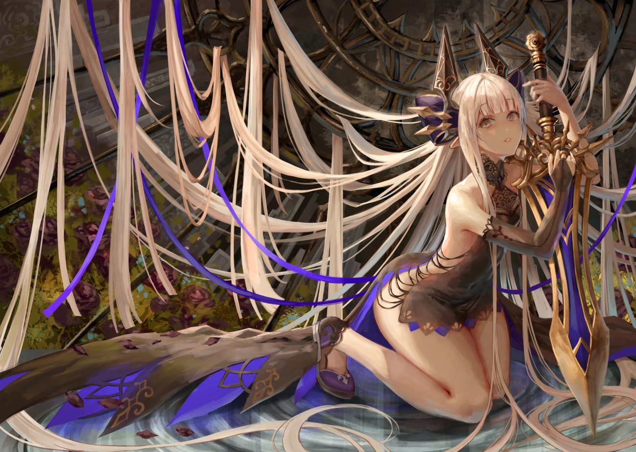 blonde hair elbow gloves flowers gloves gray eyes long hair okuma mai original petals pointed ears ribbons rose sword weapon