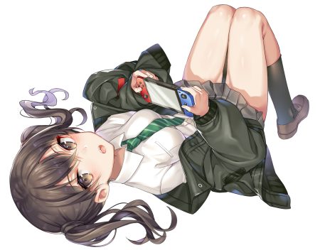 brown eyes brown hair game console idolmaster idolmaster cinderella girls kneehighs long hair mokyu (kukoudesu) school uniform skirt sunazuka akira tie twintails white