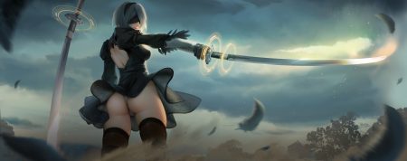ass blindfold clouds feathers gloves gray hair headband huykho192 katana leotard nier nier: automata realistic short hair skirt sky sword thighhighs tree upskirt watermark weapon yorha unit no. 2 type b