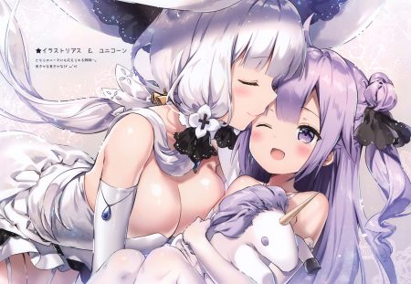 2girls anthropomorphism azur lane breasts cleavage dress elbow gloves garter belt gloves hat illustrious (azur lane) loli long hair purple eyes purple hair riichu scan shoujo ai unicorn (azur lane) white hair wink