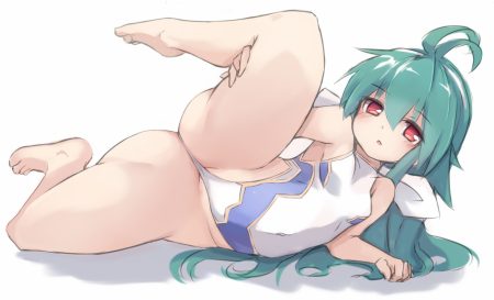 ass barefoot blush bodysuit green hair karukan (monjya) long hair red eyes shinrabanshou shizuku (shinrabanshou) skintight spread legs white