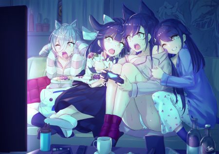 animal ears anthropomorphism atago (azur lane) azur lane black hair breasts choukai (azur lane) crying game console gray hair group long hair mappaninatta maya (azur lane) pajamas panties takao (azur lane) tears underwear yellow eyes