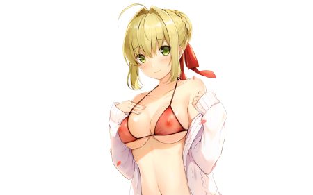 6u (eternal land) bikini blonde hair blush braids breasts fate/grand order fate (series) green eyes navel nero claudius (fate) nipples scan see through swimsuit third-party edit undressing white