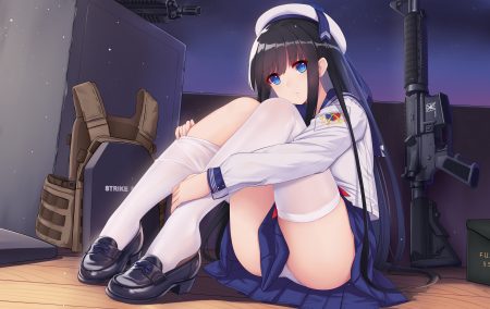 allenes aqua eyes black hair gun hat jpeg artifacts long hair original panties school uniform skirt thighhighs underwear weapon