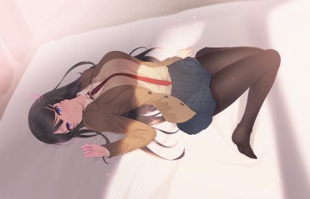 black hair blue eyes breasts cait long hair pantyhose sakurajima mai school uniform seishun buta yarou tie