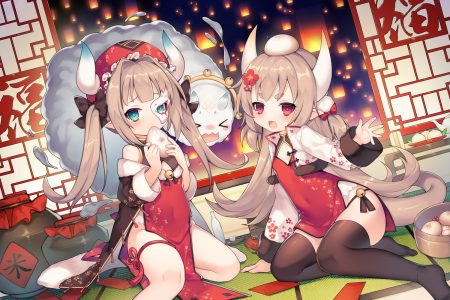 2girls ao jun ark order brown hair chinese clothes chinese dress dress food green eyes hat horns loli long hair mask pointed ears red eyes tagme (character) tail thighhighs twintails
