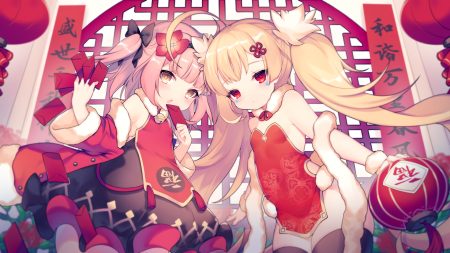 2girls anthropomorphism ao jun azur lane blonde hair brown eyes chinese clothes chinese dress dress eldridge (azur lane) loli long hair pink hair red eyes thighhighs twintails u-81 (azur lane)