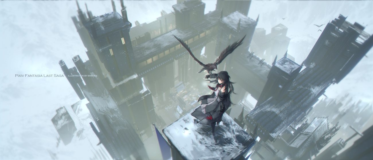 animal bird black hair building long hair original pixiv fantasia scenic swd3e2 watermark