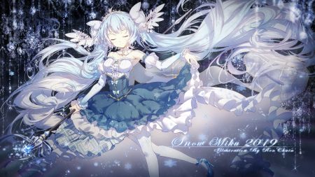 blue hair dress hatsune miku lengchan (fu626878068) long hair staff thighhighs tiara twintails vocaloid watermark yuki miku