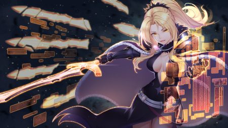 armor blonde hair breasts cape christina morgan dress gloves long hair necklace ponytail princess connect! scal2let sword weapon yellow eyes