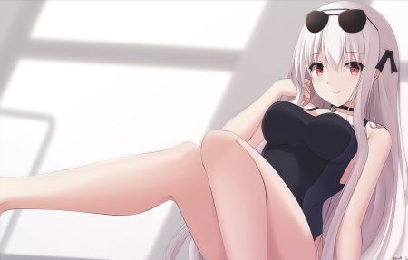 anthropomorphism breasts choker girls frontline kar98k (girls frontline) keenh long hair red eyes signed sunglasses swimsuit white hair