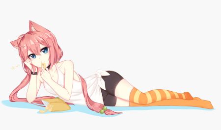 animal ears aqua eyes bike shorts catgirl choker food hinata channel long hair nekomiya hinata pink hair shorts tagme (artist) thighhighs twintails wristwear zettai ryouiki