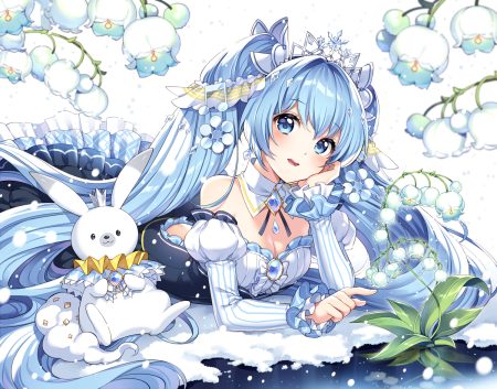 animal aqua eyes aqua hair breasts cleavage dress flowers hatsune miku long hair nardack rabbit snow tiara twintails vocaloid yuki miku yukine (vocaloid)