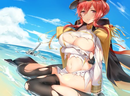 anthropomorphism azur lane beach braids breast hold breasts cape cleavage clouds ginn (hzh770121) gloves gun hat military monarch (azur lane) navel no bra red eyes red hair sky thighhighs torn clothes uniform water weapon