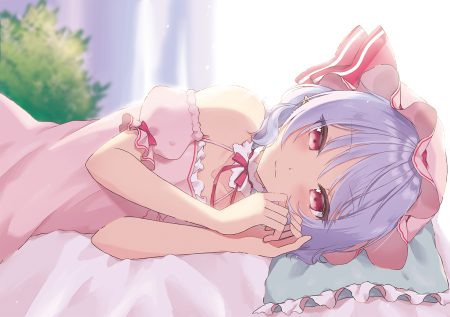 bed beni kurage blue hair blush close dress hat pink eyes pointed ears remilia scarlet short hair touhou