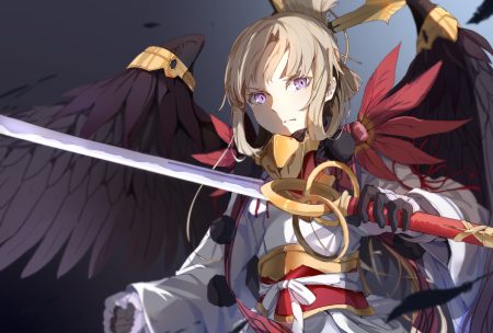 armor blonde hair feathers japanese clothes kimono nogi wakaba nogi wakaba wa yuusha de aru purple eyes sword weapon wings xuu shi times