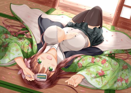 blush breasts brown hair gochuumon wa usagi desu ka? green eyes japanese clothes kimono long hair no bra open shirt petals school uniform skirt thighhighs ujimatsu chiya zenon (for achieve)